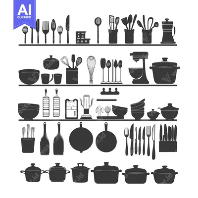 Collection of Black Silhouette Kitchen Utensils and Appliances