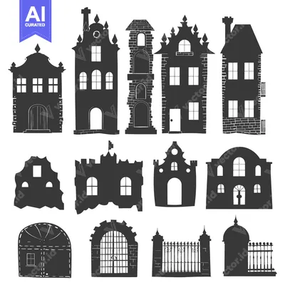 Popular premium asset: Collection of Black Silhouettes of Buildings and Architectural Element