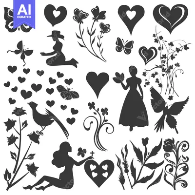 Aset premium populer: Collection of Black Silhouettes of Flowers, Butterflies, Birds, and He