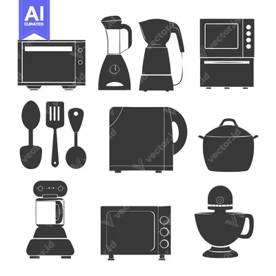 Aset premium populer: Collection of Black Silhouettes of Kitchen Appliances and Utensils