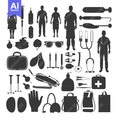 Aset premium populer: Collection of Black Silhouettes of Medical Equipment and Personnel