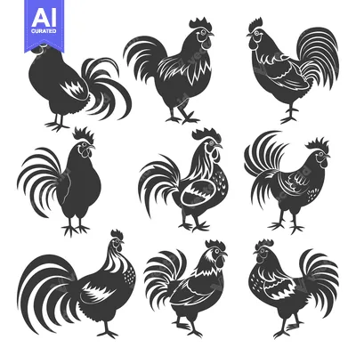 Aset desain premium: Collection of Black Silhouettes of Roosters in Various Poses