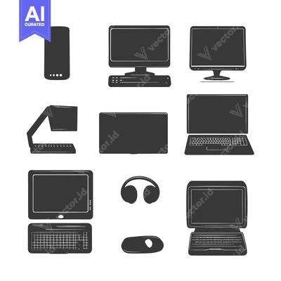 Aset premium populer: Collection of Black Silhouettes of Various Computer Devices