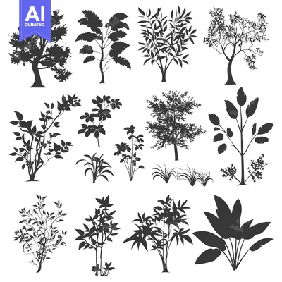 Aset desain premium: Collection of Black Silhouettes of Various Trees and Bushes