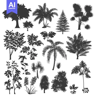 Aset premium populer: Collection of Black Silhouettes of Various Trees and Plants