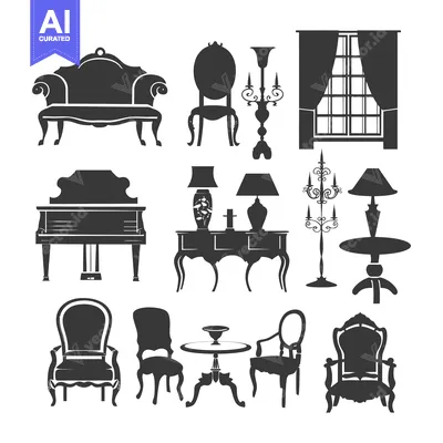 Premium design asset: Collection of Black Silhouettes of Vintage Furniture and Decor