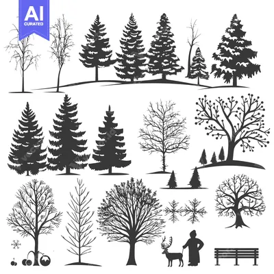 Aset premium populer: Collection of Black Silhouettes of Winter Trees, a Reindeer, a Person,