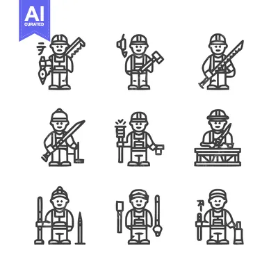 Aset desain premium: Construction Workers with Tools - A Detailed Line Art Set.