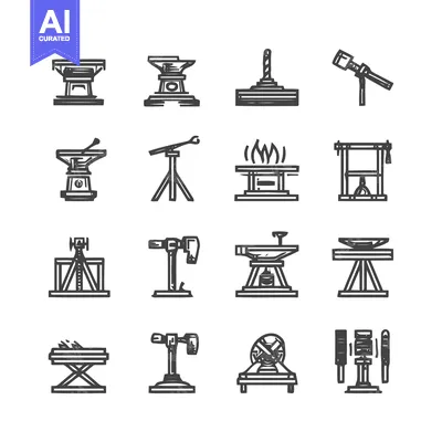 Blacksmithing Tools and Equipment Icon Set.