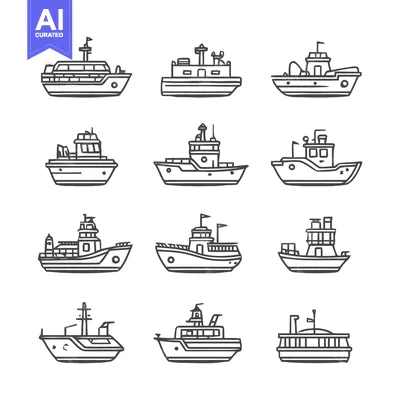 Aset premium populer: Collection of Various Boat Illustrations in Black and White.