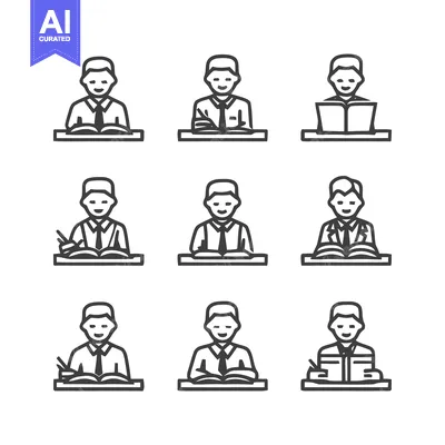 Premium design asset: Students Studying at Desks - A Collection of Line Art Illustrations.