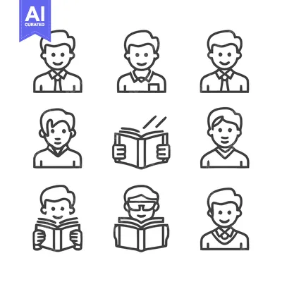 Premium design asset: Collection of simple line art icons of people and books for education.