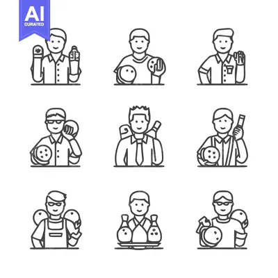 Download Bowling Icons - Diverse People and Equipment in Action. Vector Graphic