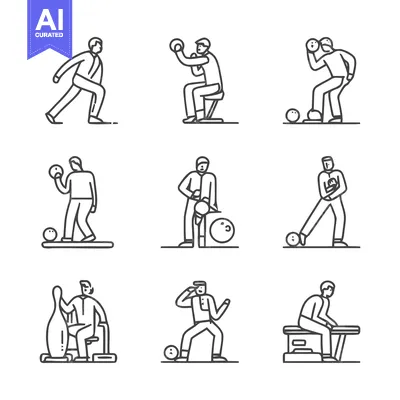 Premium design asset: Bowling actions in line art style, vector illustration set.