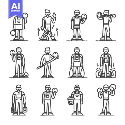 Aset desain premium: Diverse Line Art Illustrations of Various Professions and Activities.