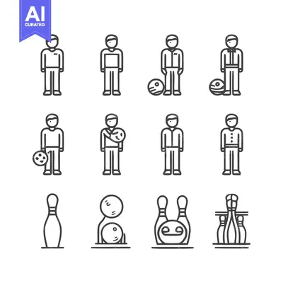 Aset premium populer: Bowling Icons - People, Balls, and Pins in Minimalist Style.