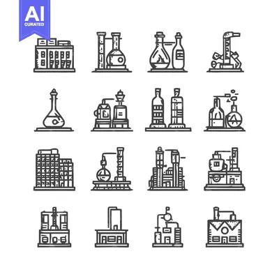 Aset premium populer: Chemical Plant Icons - Industrial Science and Laboratory Equipment.