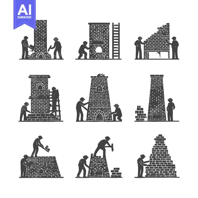 Aset desain premium: Bricklaying Construction Workers Building Chimneys and Structures.