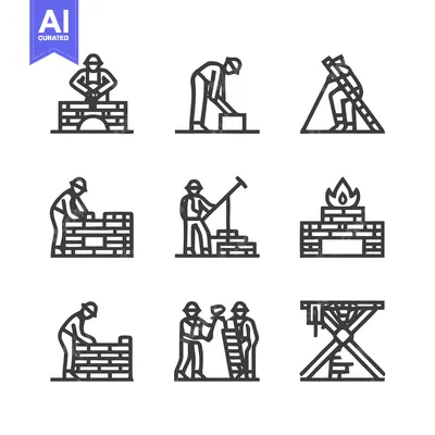 Aset desain premium: Construction workers building structures with bricks and tools in vari