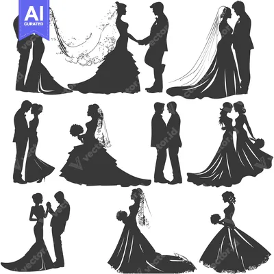 Aset premium populer: Collection of Bride and Groom Silhouettes in Various Poses