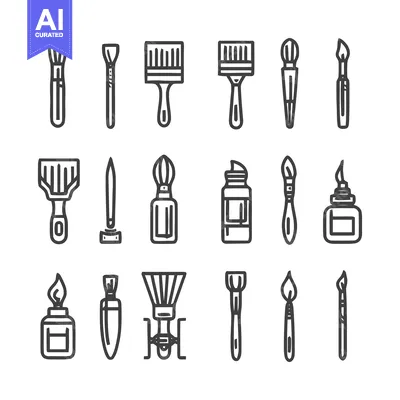 Aset premium populer: Artistic Tools Collection - Brushes, Palette Knives, and Ink Bottles.
