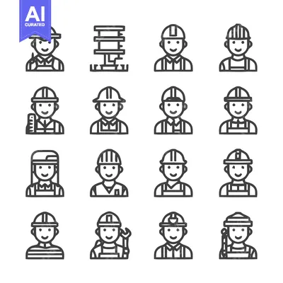 Aset premium populer: Construction workers in various poses, line art vector illustration.