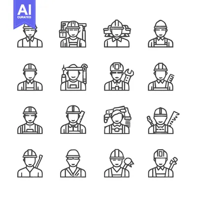 Premium design asset: Construction worker icons set, various professions, line art style, ve