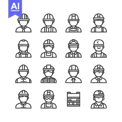 Aset desain premium: Construction worker icons set, various professions and safety helmets.