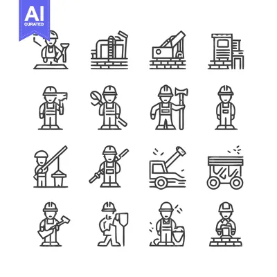 Aset premium populer: Construction Workers and Industry Icons in Line Art Style.