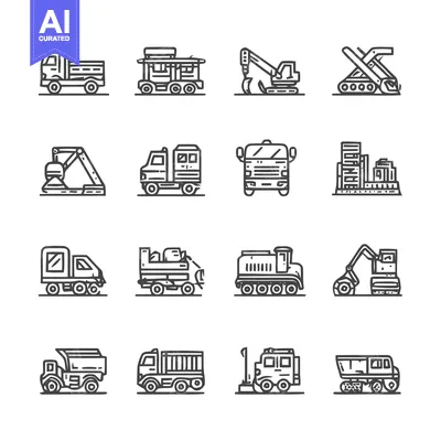 Aset desain premium: Construction Vehicles Line Art Icon Set.