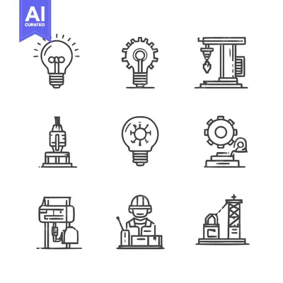 Aset premium populer: Collection of industrial and engineering icons for various concepts.