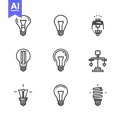 Aset premium populer: Collection of various light bulb icons in a minimalist style.