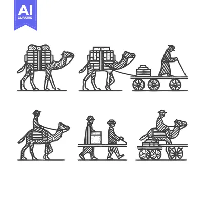 Aset desain premium: Vintage Camel Caravan Transportation Illustration Set.