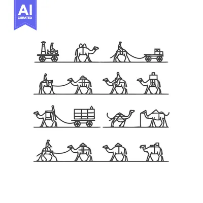 Aset desain premium: Camel Caravan Line Art Illustrations for Travel and Transport.