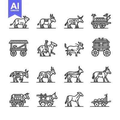Aset desain premium: Collection of Donkey and Cart Illustrations in Line Art Style.