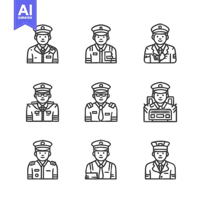 Aset premium populer: Collection of Police Officer Uniforms in Various Poses and Styles.