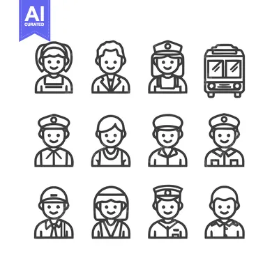 Aset desain premium: Diverse Line Art Icons Depicting Various Professions and Occupations.