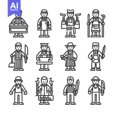 Premium design asset: Various professions and occupations in simple line art.