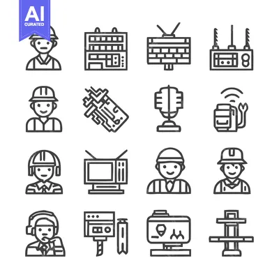 Aset desain premium: Collection of Construction Workers and Communication Equipment Icons.
