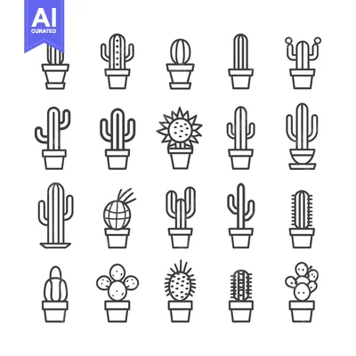 Aset desain premium: Collection of Cactus and Succulent Plant Line Icons