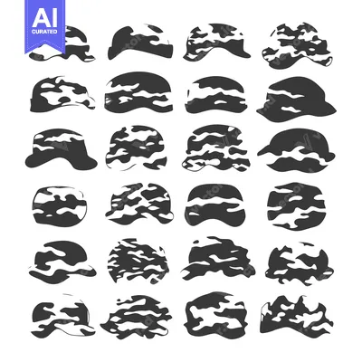 Premium design asset: Collection of Camouflage Patterned Helmets in Various Views
