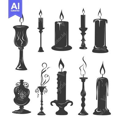 Aset desain premium: Collection of Candle Silhouettes with Flames and Holders