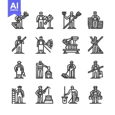 Aset desain premium: Collection of various cleaning and maintenance worker icons.