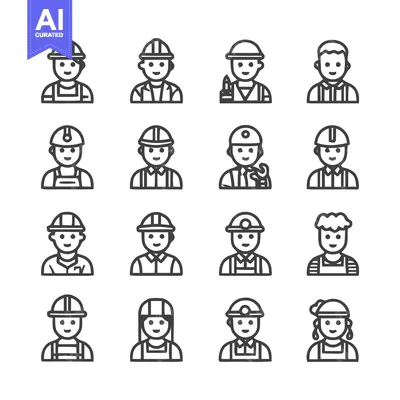 Aset desain premium: Construction Workers - Diverse Lineup of Professionals in Hard Hats.