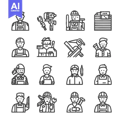 Aset premium populer: Construction Workers and Tools - A Collection of Line Art Icons.