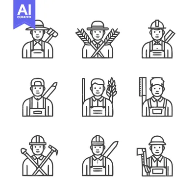 Aset desain premium: Diverse Line Art Illustrations of Various Professions and Occupations.