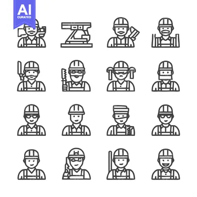 Aset desain premium: Construction Workers - Diverse Line Art Illustrations for Various Proj