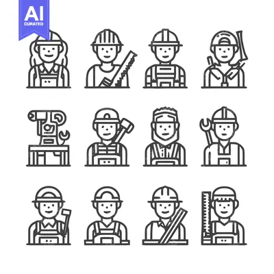 Aset desain premium: Construction Workers - Diverse Line Art Illustrations for Various Proj