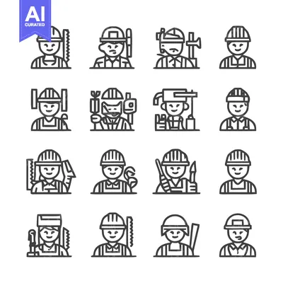 Aset premium populer: Construction Workers - Diverse Line Art Icons for Various Professions.