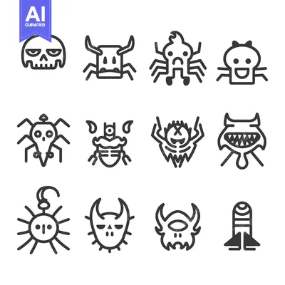 Aset desain premium: Collection of Cartoon Monster and Skull Line Art Illustrations